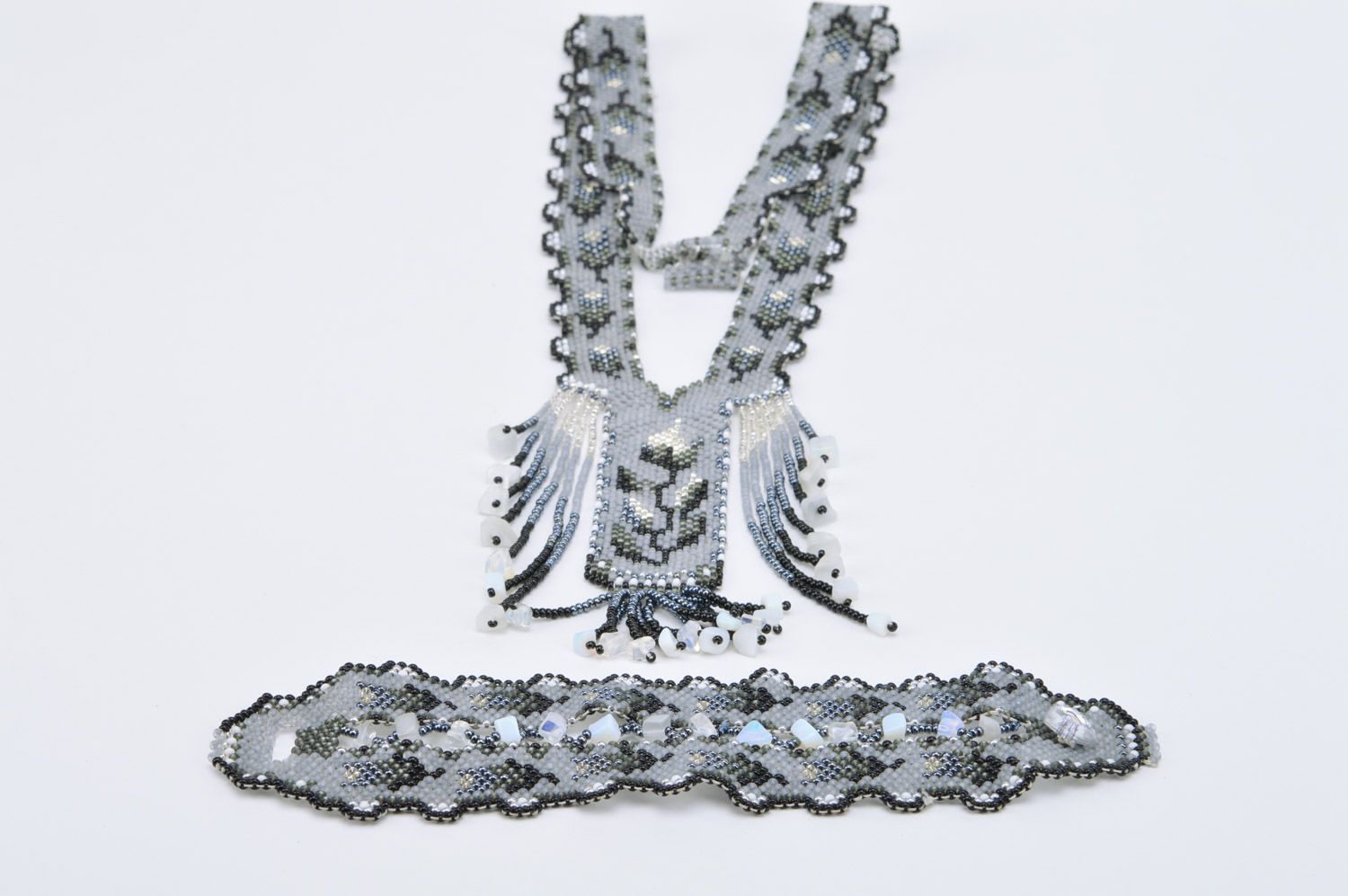 Handmade women's jewelry set 2 items beaded gerdan necklace and bracelet Shades of Gray photo 2