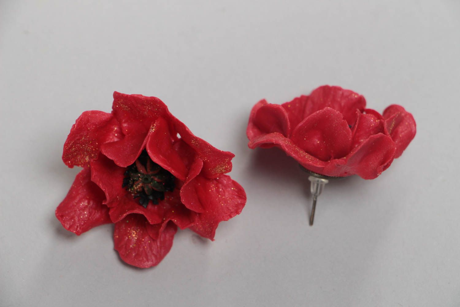 Stud earrings made of polymer clay in the form of red poppies handmade jewelry photo 3