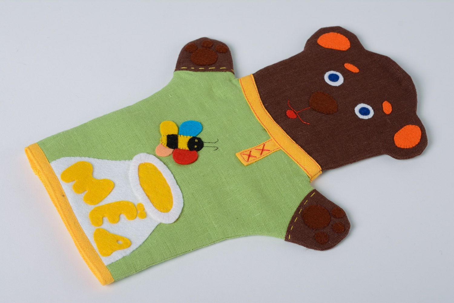 Авторская игрушка на руку кукла перчатка из ткани в виде мишки бибабо хенд мэйд фото 2