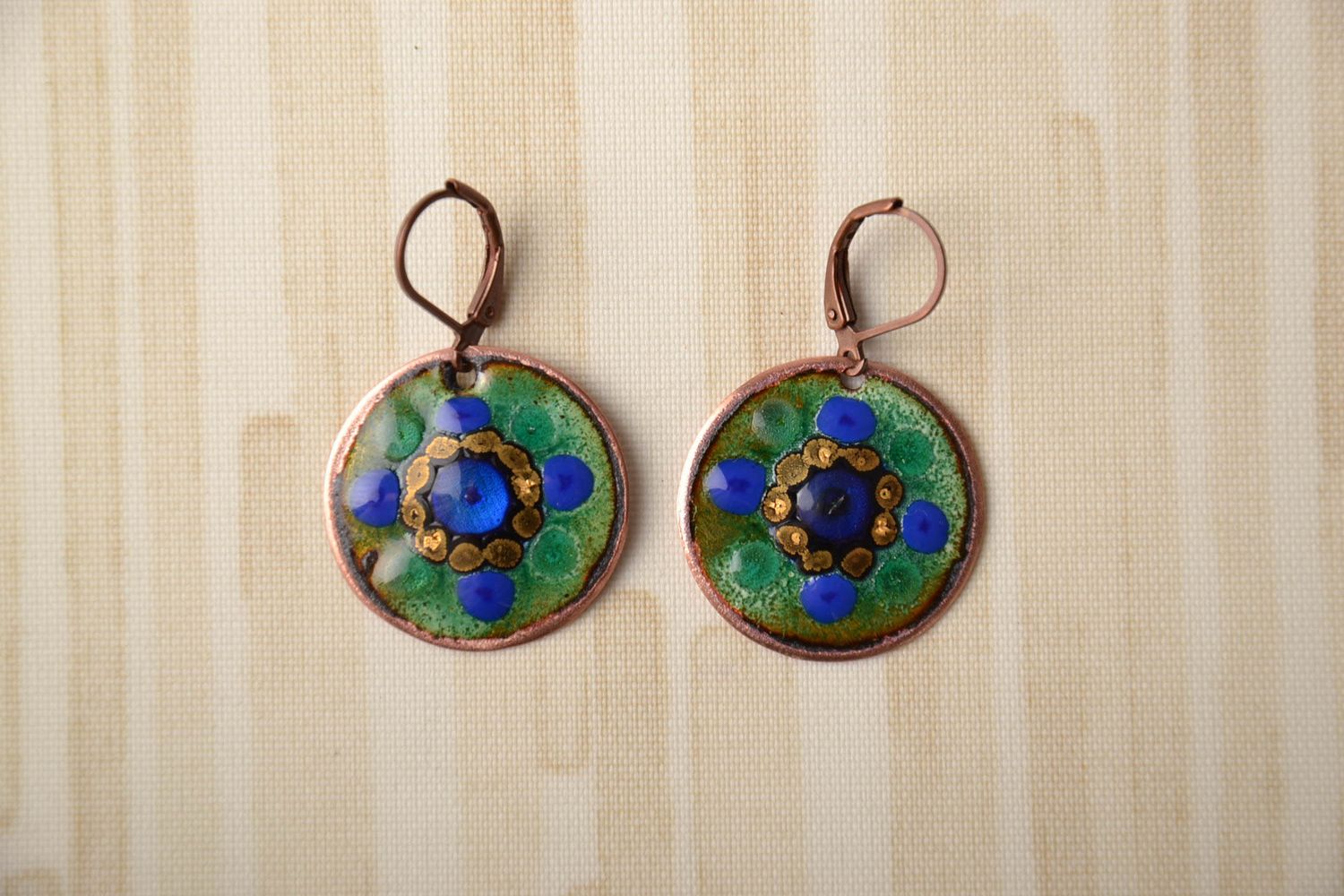 Copper earrings painted with hot enamel photo 1