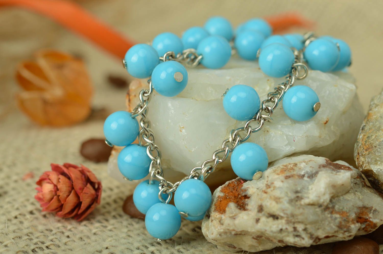 Handmade designer metal chain women's wrist bracelet with blue round beads photo 1