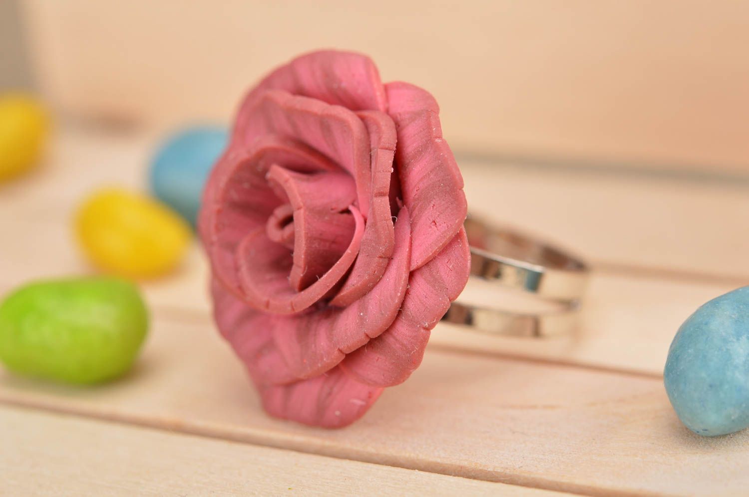 Festive cute handmade beautiful ring made of polymer clay in shape of rose photo 1