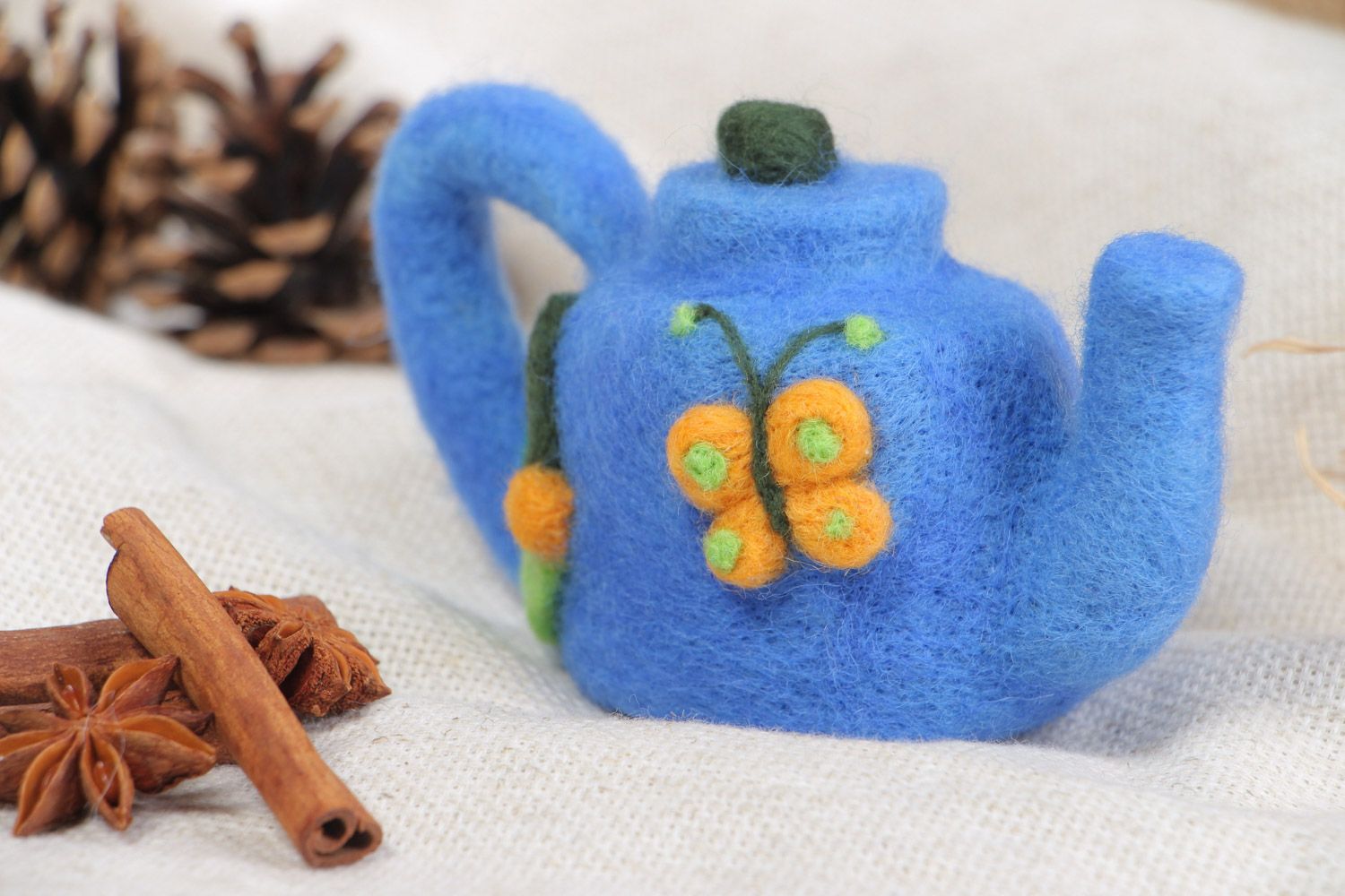Handmade blue woolen toy teapot with butterfly made using felting technique  photo 1