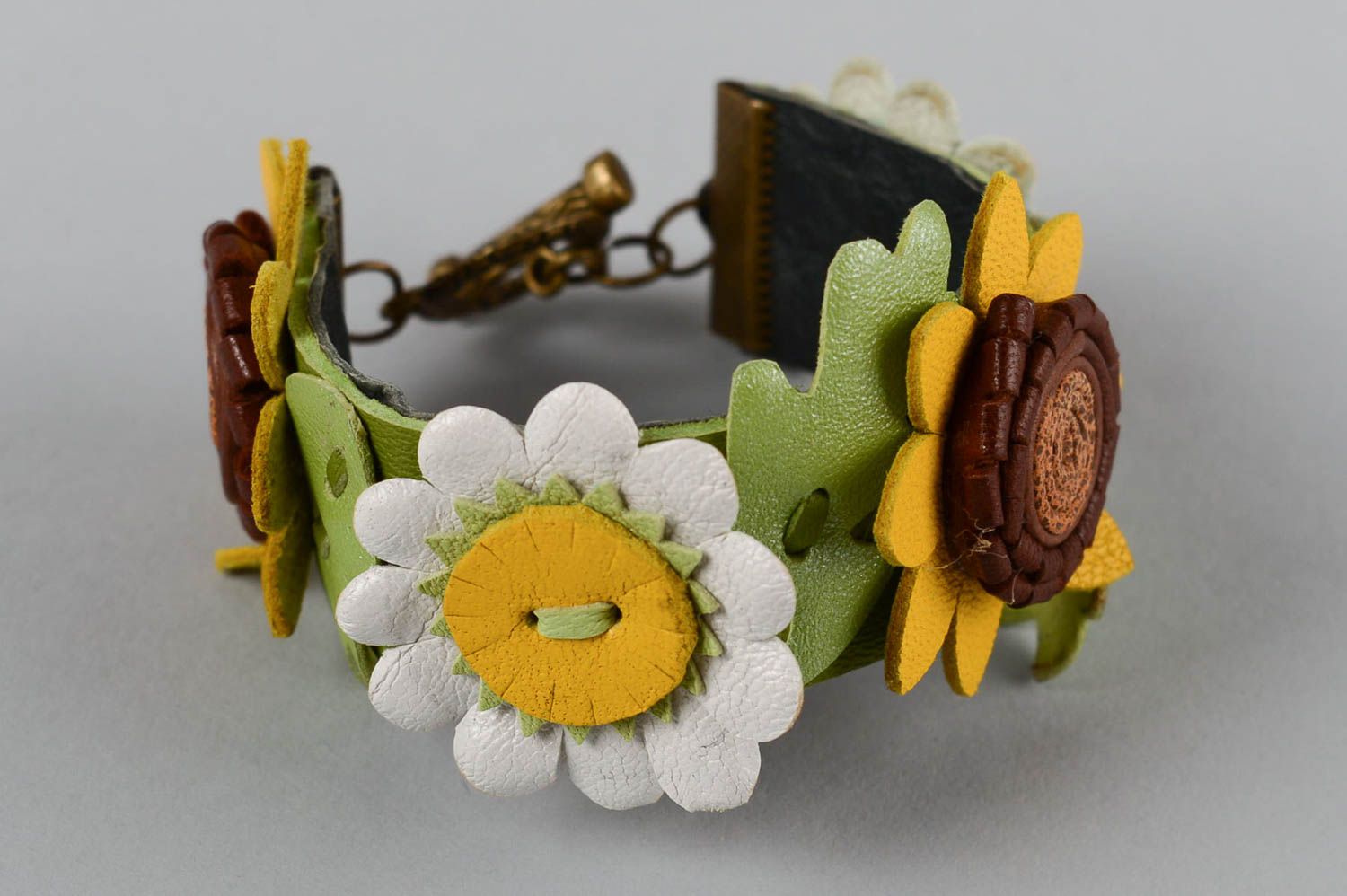 Stylish female present bracelet made of leather unusual flower accessory photo 2