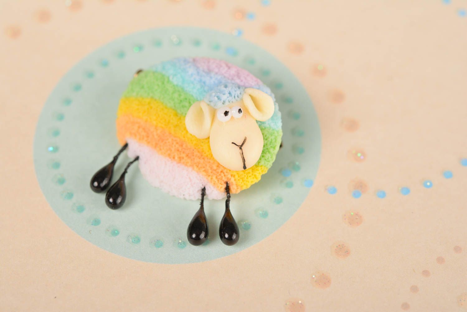 Funny small handmade children's brooch molded of polymer clay colorful lamb photo 1