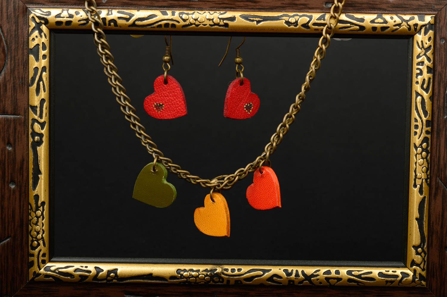 Beautiful handmade leather necklace leather earrings artisan jewelry set photo 1