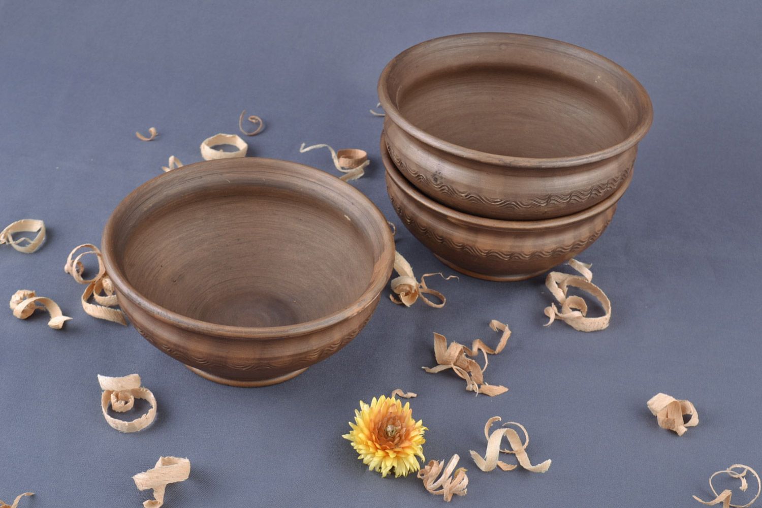 Clay bowl set of 3 pieces 250 ml beautiful brown hand made tableware photo 1