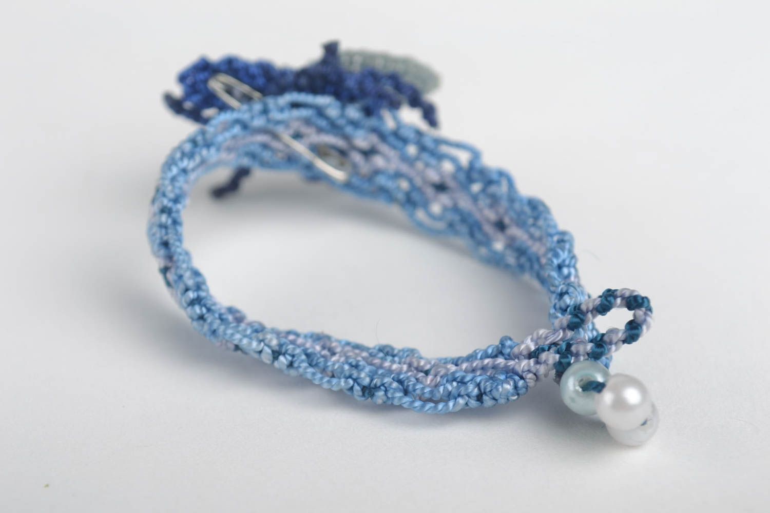 Parure bijoux Bracelet fait main Broche fantaisie bleu fils macramé Cadeau fille photo 3