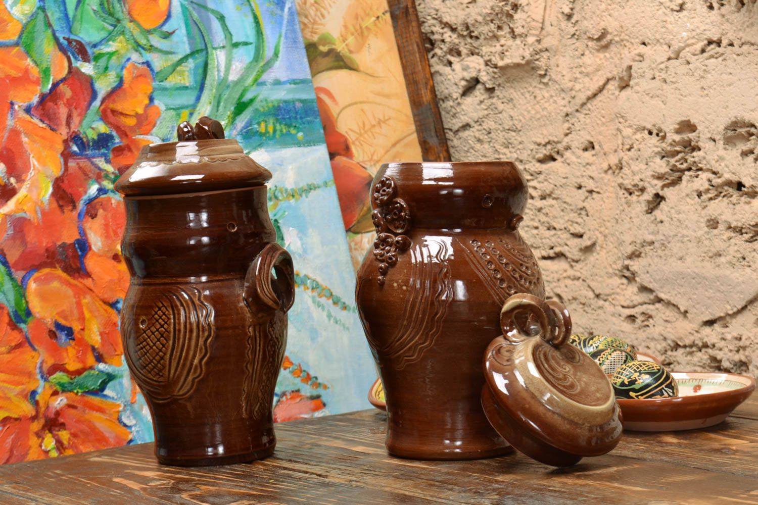 Set of 2 handmade decorative brown ceramic pots with lids coated with glaze photo 1