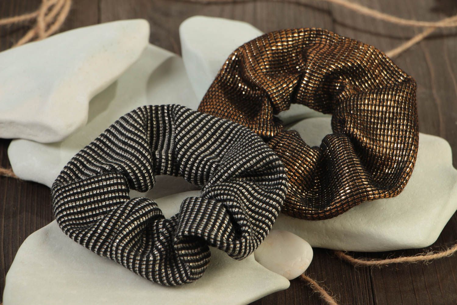 Set of 2 homemade designer decorative hair bands sewn of brocade fabric photo 1