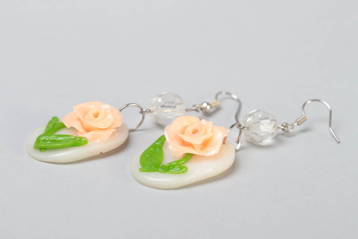 Handmade designer dangling earrings with polymer clay flowers of cream color photo 3