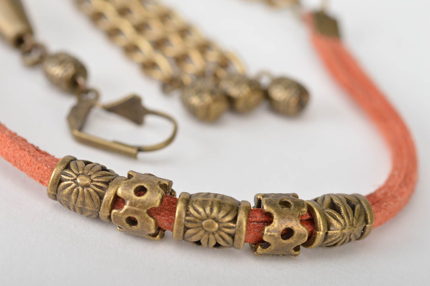 Set of handmade jewelry suede cord bracelet and metal dangle earrings Waterfall photo 4