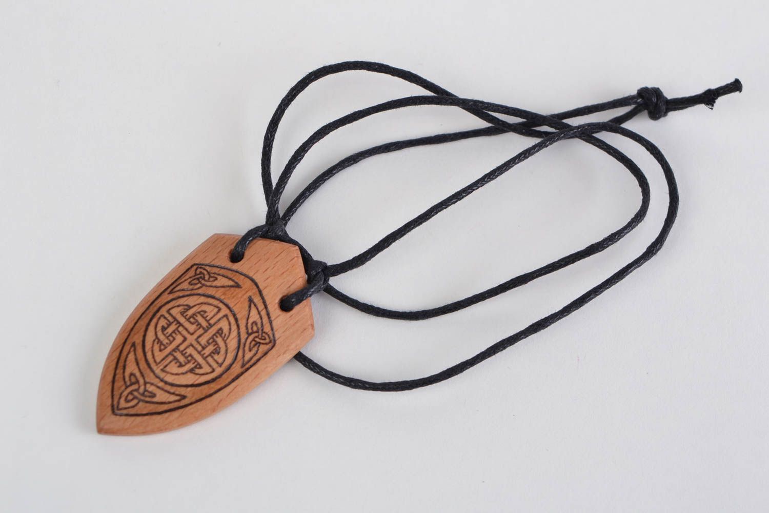 Designer wooden handmade pendant necklace in ethnic style with pyrography Shield photo 1
