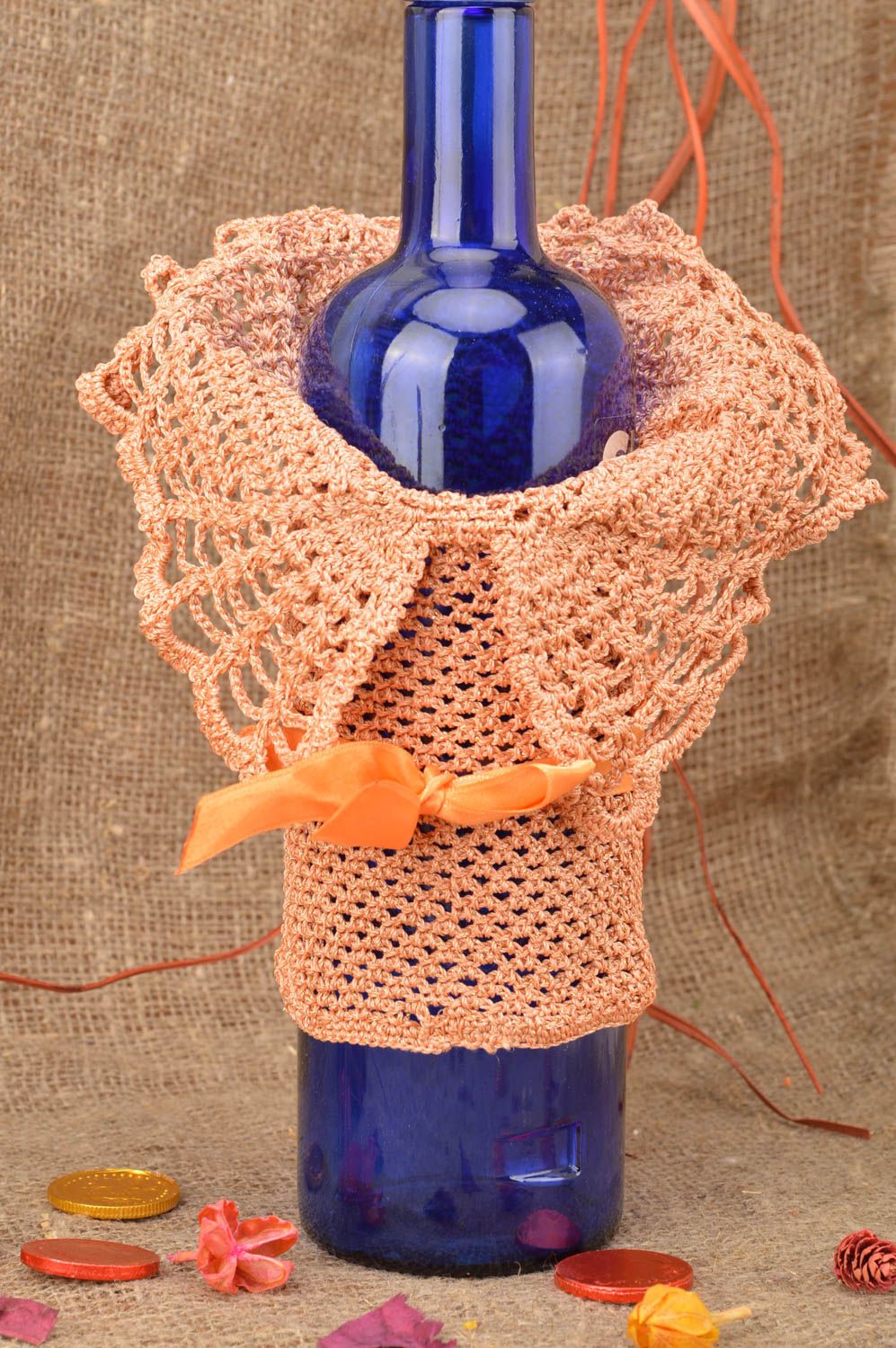 Handmade designer decorative bottle cover crocheted cozy beige dress with bow photo 1