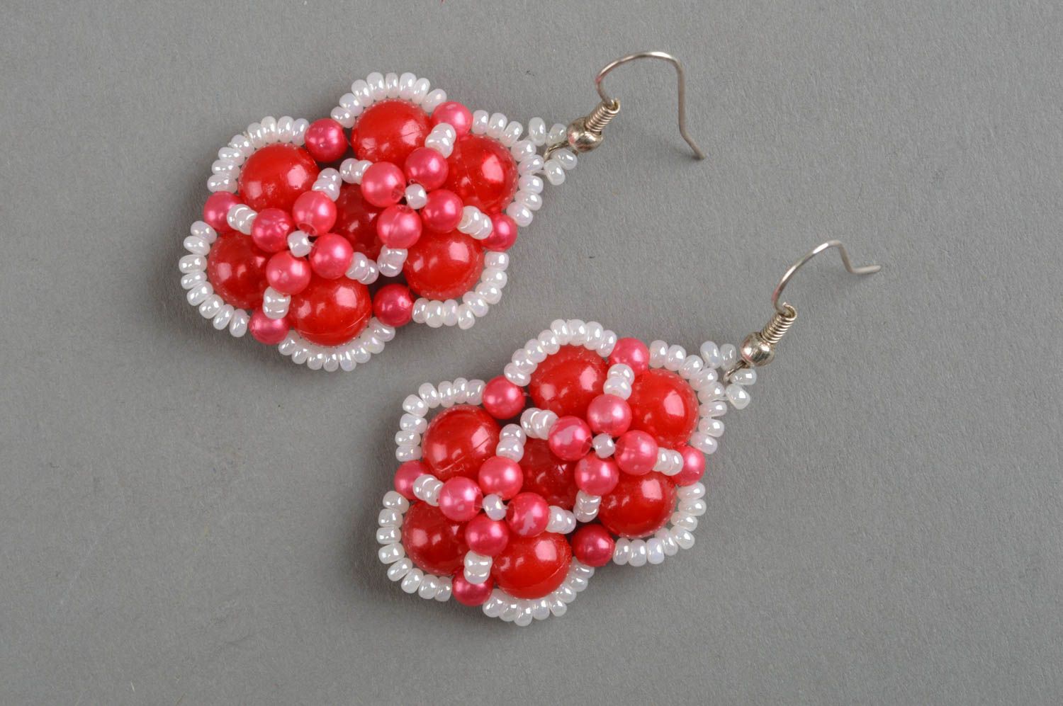 Designer earrings handmade beaded jewelry stylish accessories white and red photo 2