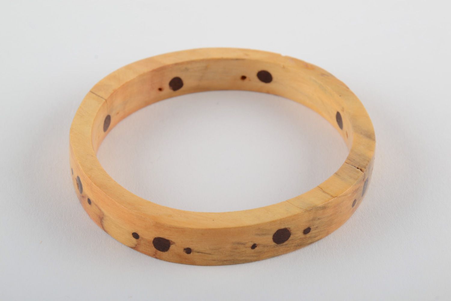 Tender light thin handmade wrist bracelet carved of wood with inlay for women photo 4