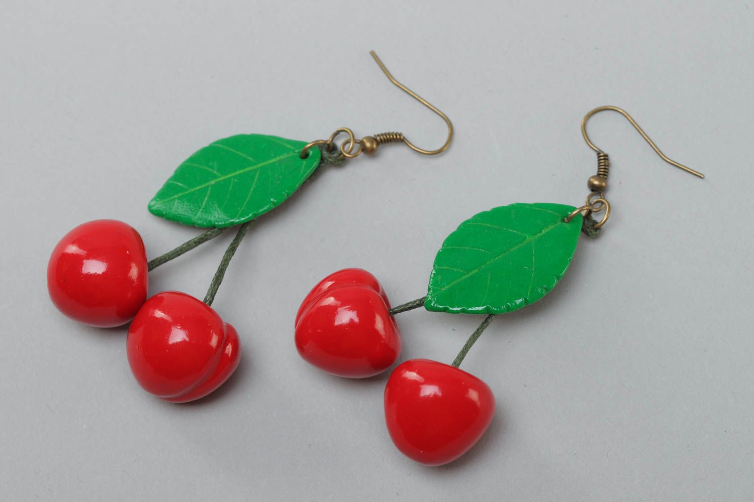 Handmade women's summer polymer clay long earrings in the shape of cherries photo 2