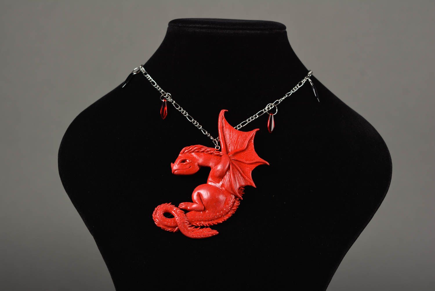 Handmade unique dragon necklace polymer clay pendant designer jewelry present photo 2