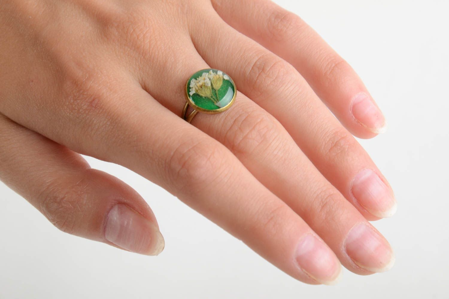 Beautiful homemade designer botanical ring with epoxy coating photo 2