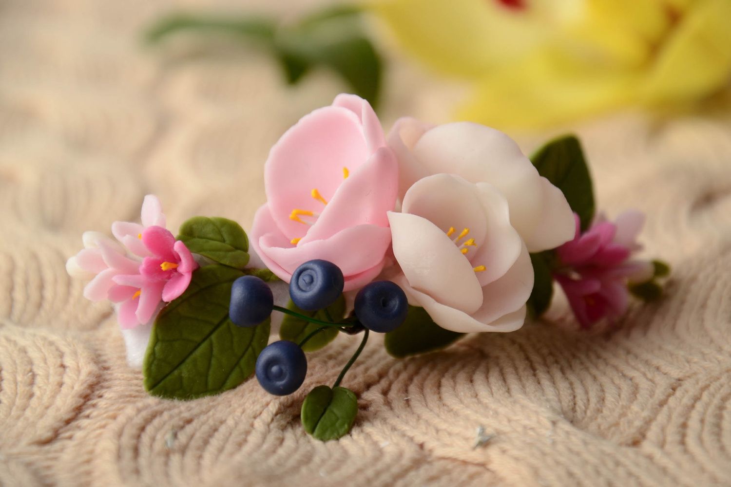Polymer clay hair clip with flowers and berries photo 1