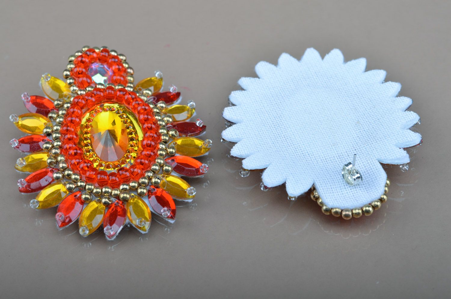 Handmade yellow and red round beaded stud earrings with stones and rhinestones photo 3