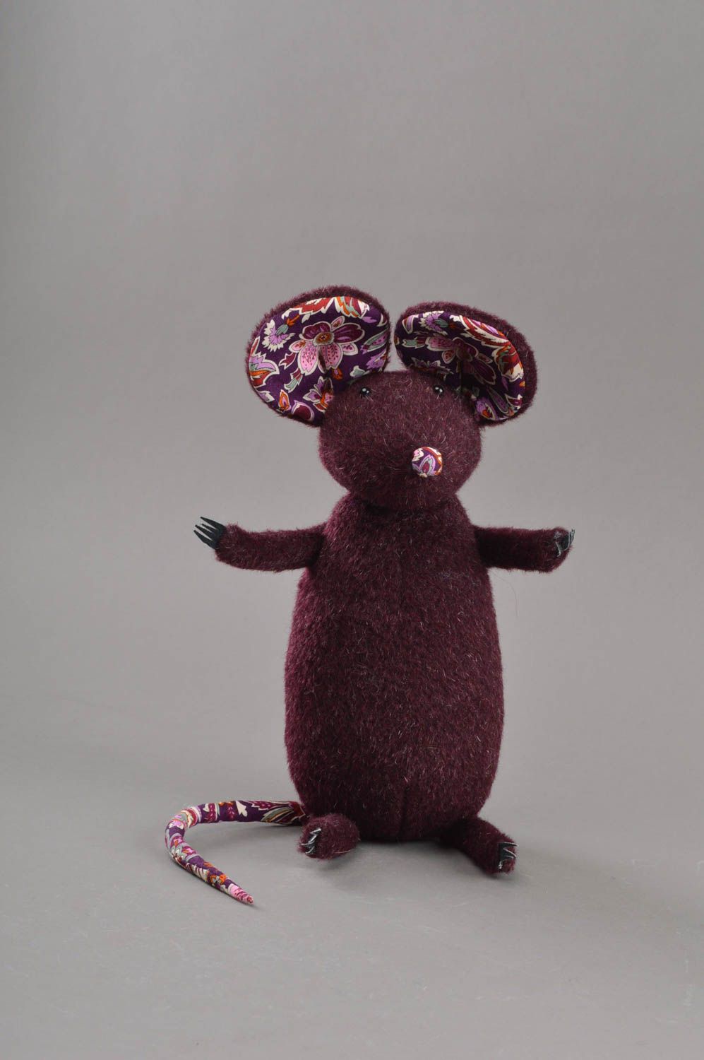 Small handmade children's half wool fabric soft toy Mouse of violet color photo 3