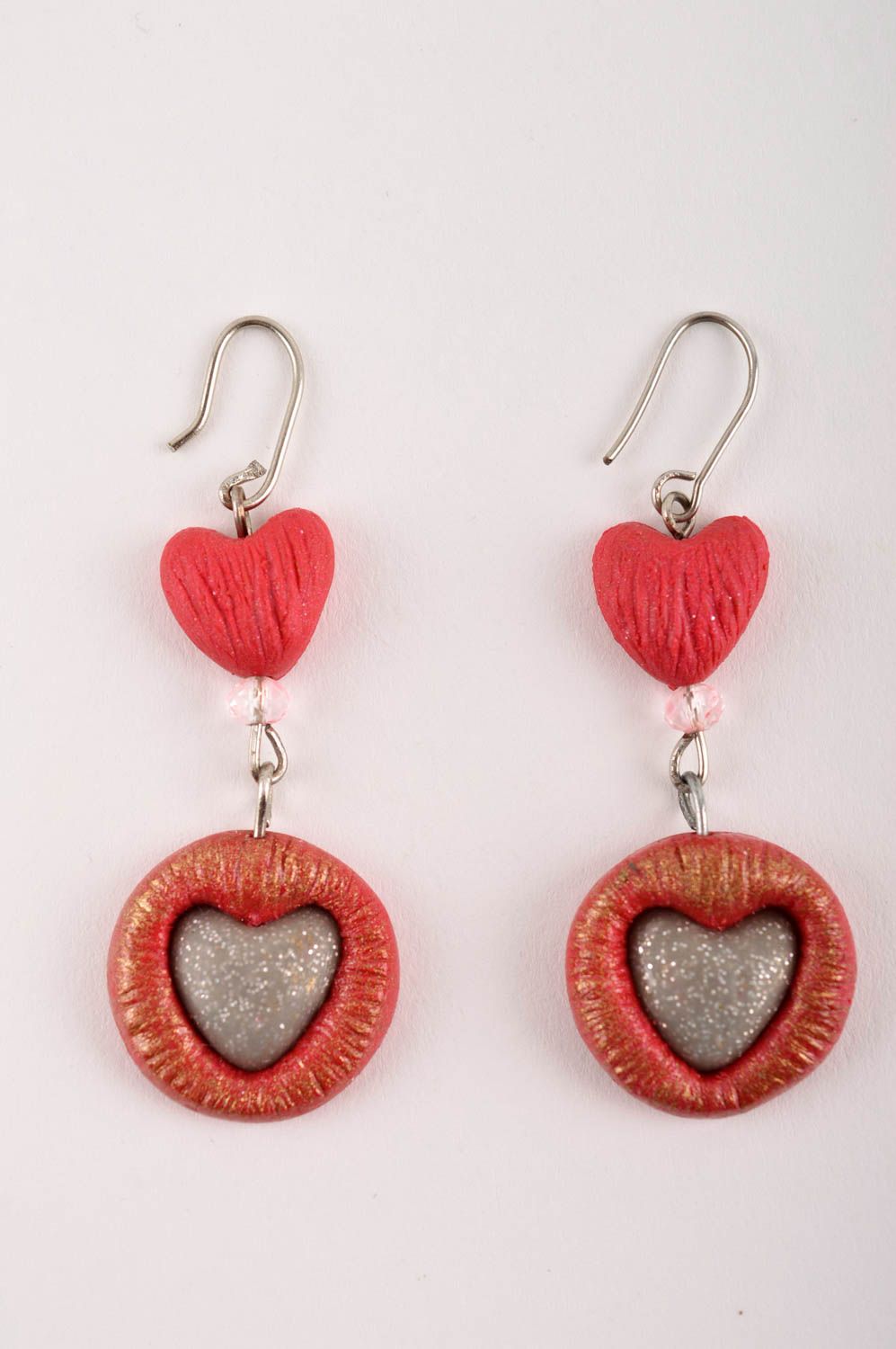 Handmade Modeschmuck Ohrringe Polymer Schmuck Accessoire für Frauen rote Herzen foto 3