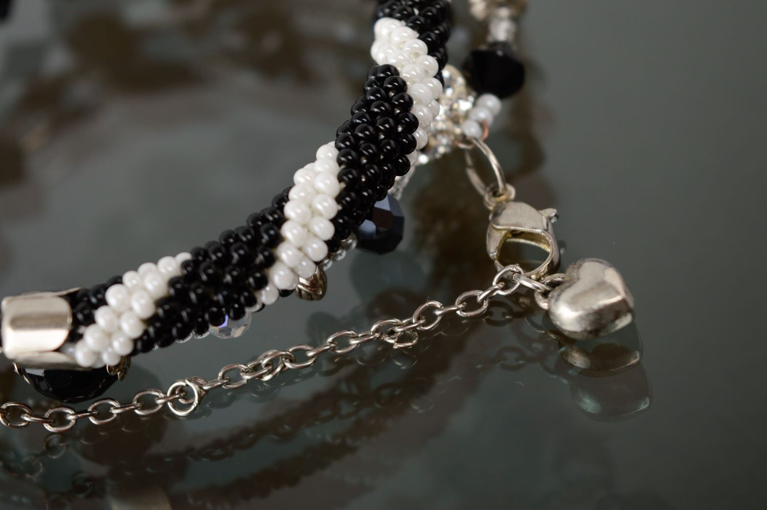 Black and white handmade beaded cord bracelet photo 5