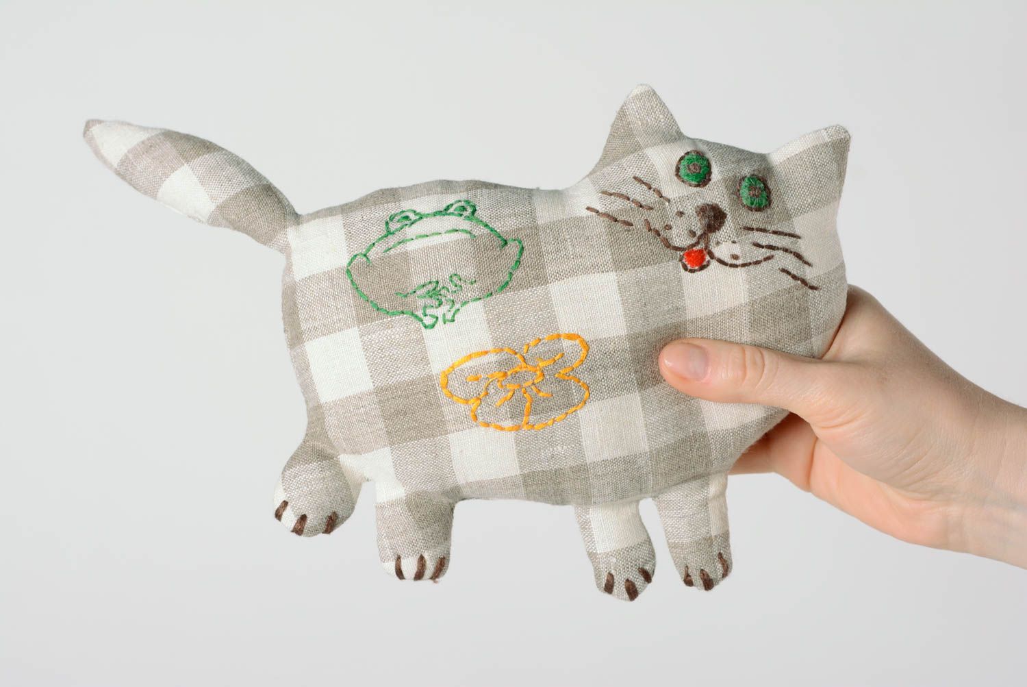 Handmade linen fabric soft toy checkered gray cat for kids and interior decor photo 4