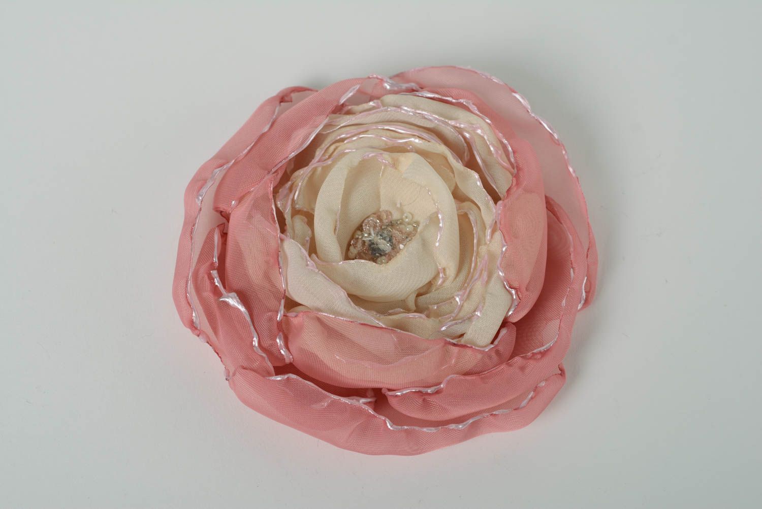Handmade tender chiffon fabric flower brooch of pink color with beads and bugles photo 1