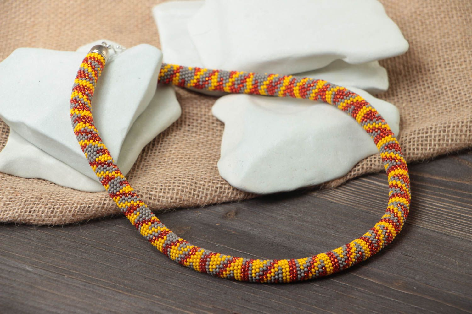 Handmade designer beaded cord necklace in yellow gray and red color combination photo 1