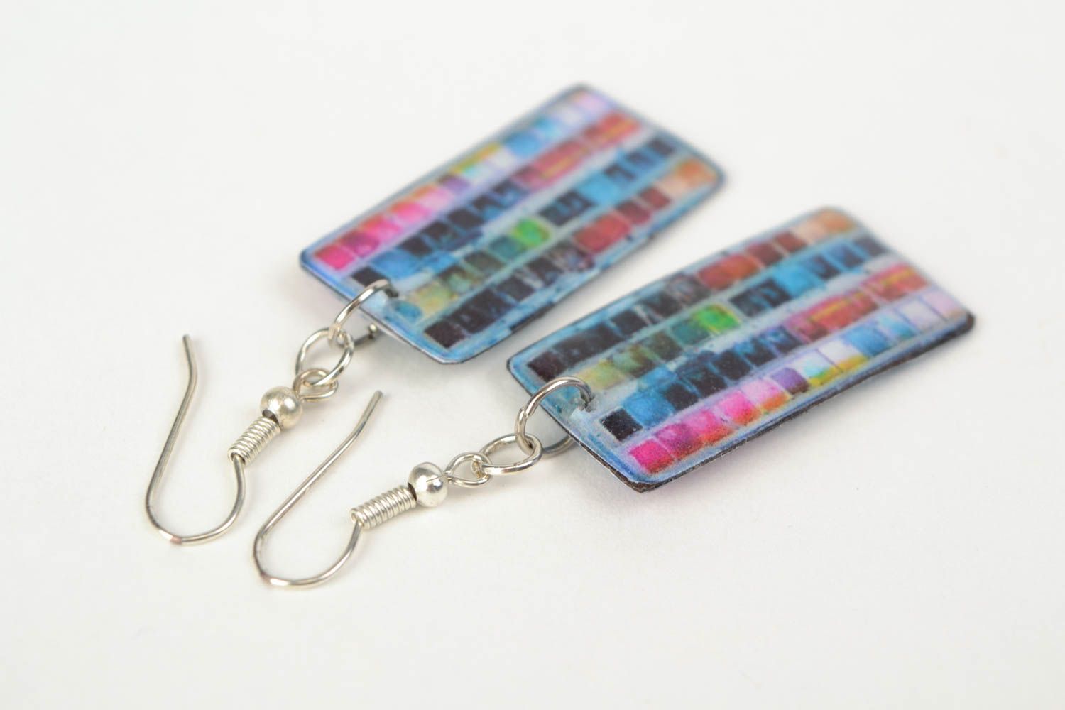 Handmade earrings with charms made of polymer clay and epoxy resin with decoupage photo 4