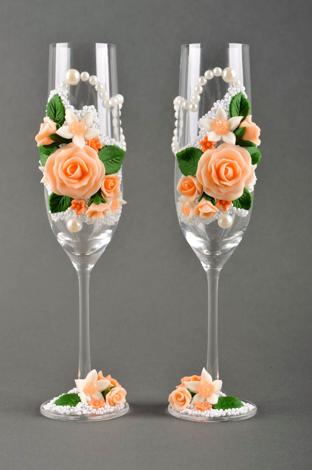 Flûtes à champagne fait main 2 Verres à vin avec fleurs Service vaisselle photo 2