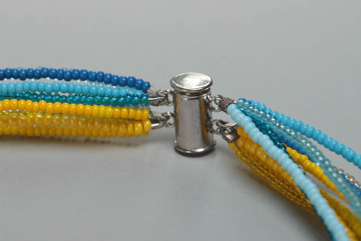 Yellow and blue bright handmade children's multirow beaded necklace photo 4
