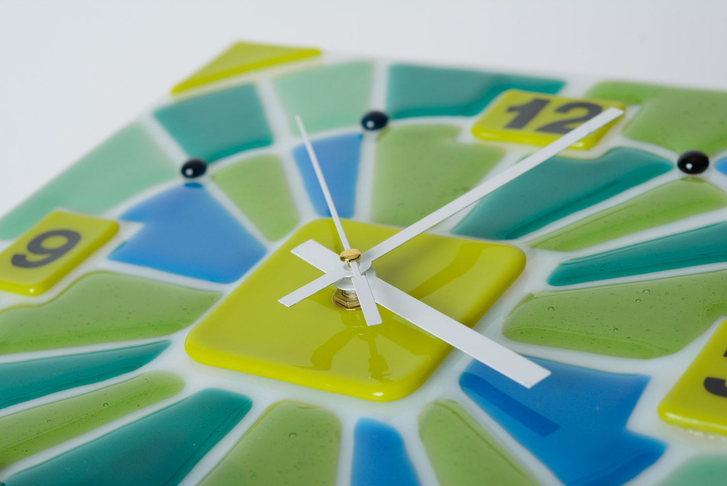 Handmade fused glass square wall clock of green and blue colors photo 3