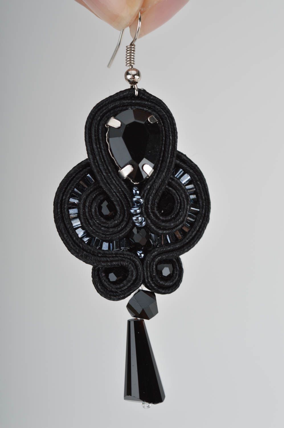 Beautiful homemade designer black soutache earrings with beads photo 3