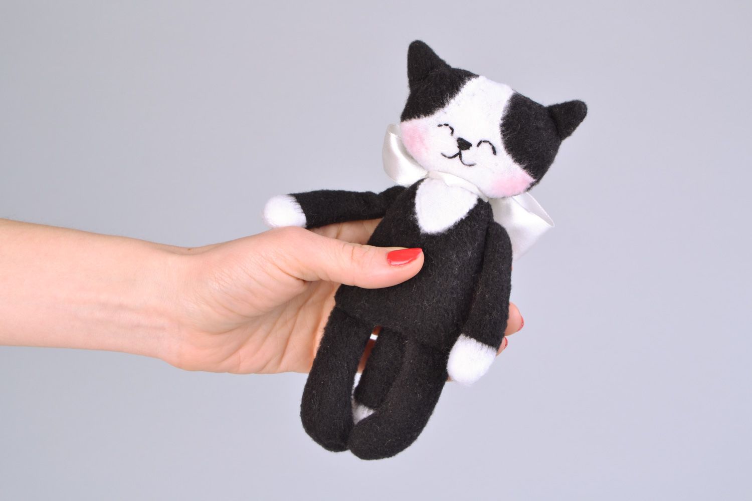 Handmade designer soft toy black and white Elegant Cat sewn of fleece for kids photo 2