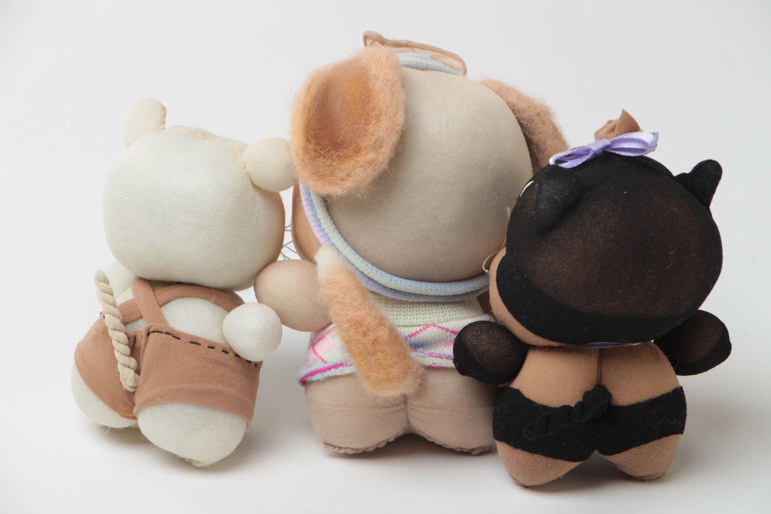 Set of 3 handmade designer small soft toys sewn of nylon dog cat and mouse photo 4