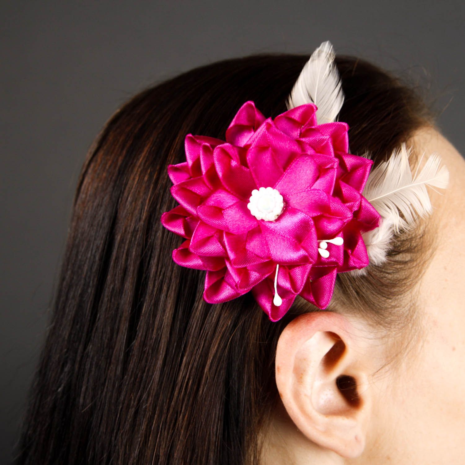 Pince cheveux fleur faite main Barrette cheveux rose en rubans Accessoire femme photo 2