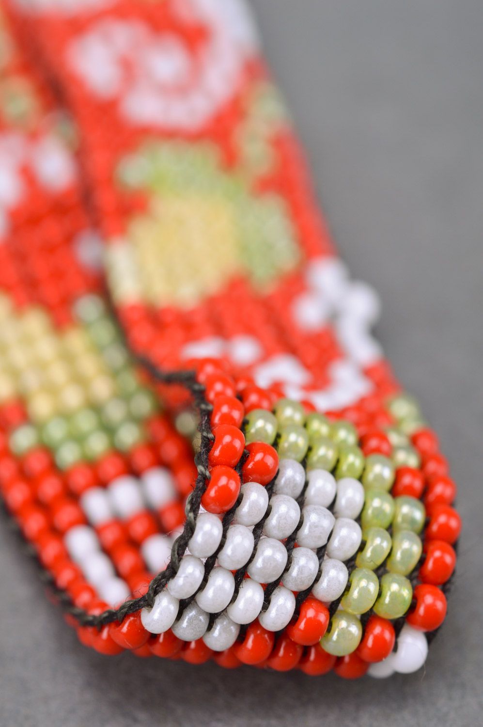 Handmade red bead woven necklace with ties and floral ornaments for women photo 4