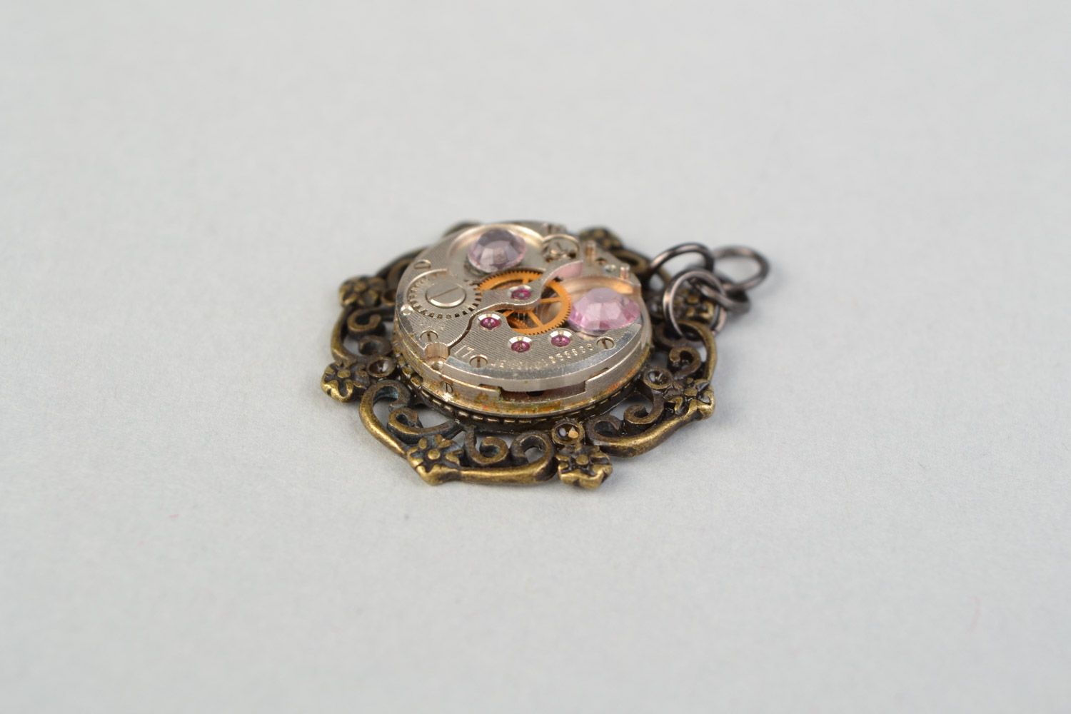 Small handmade metal pendant in vintage style with rhinestones for women photo 5