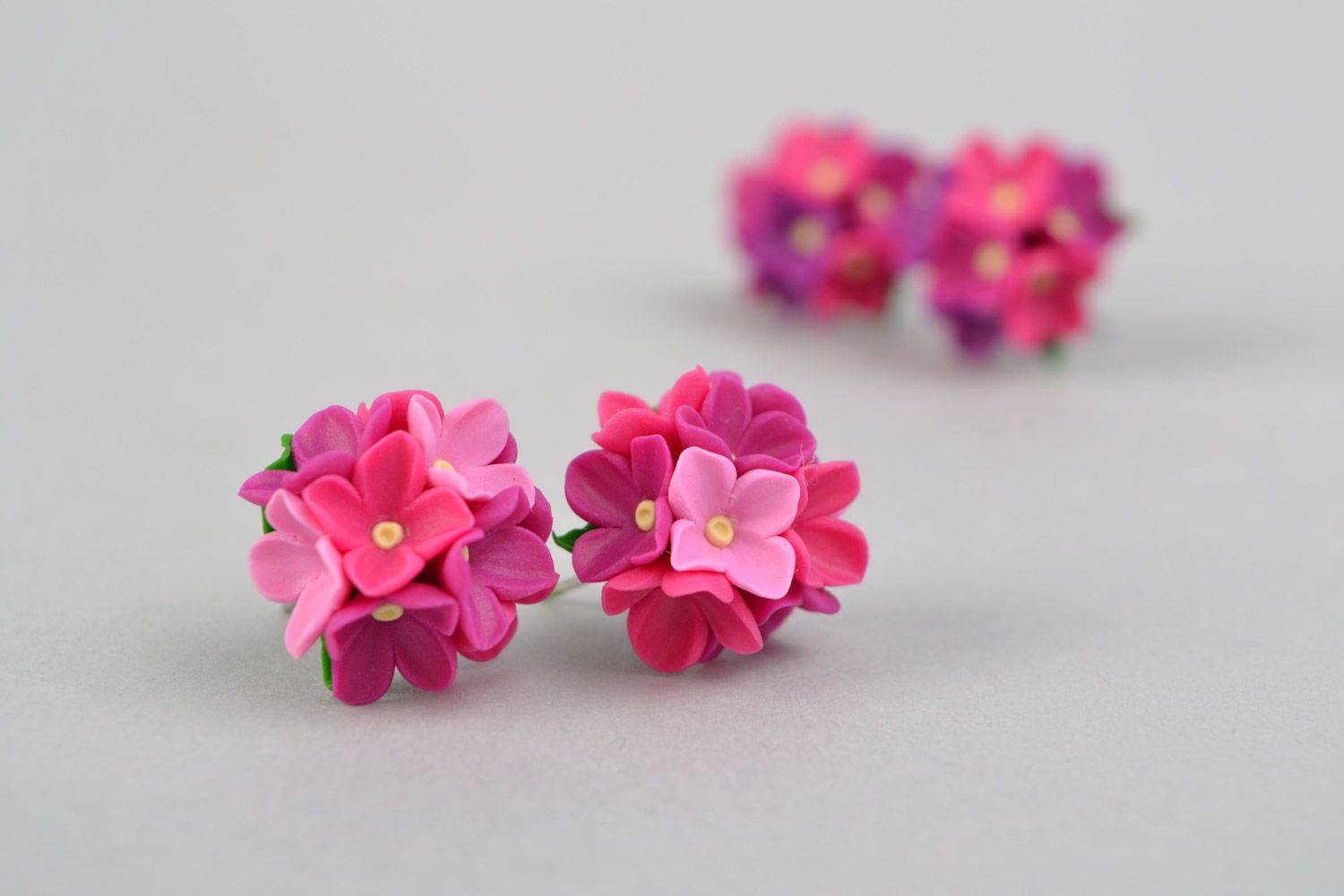 Handmade polymer clay lilac and violet floral stud earrings set of 2 pairs photo 3