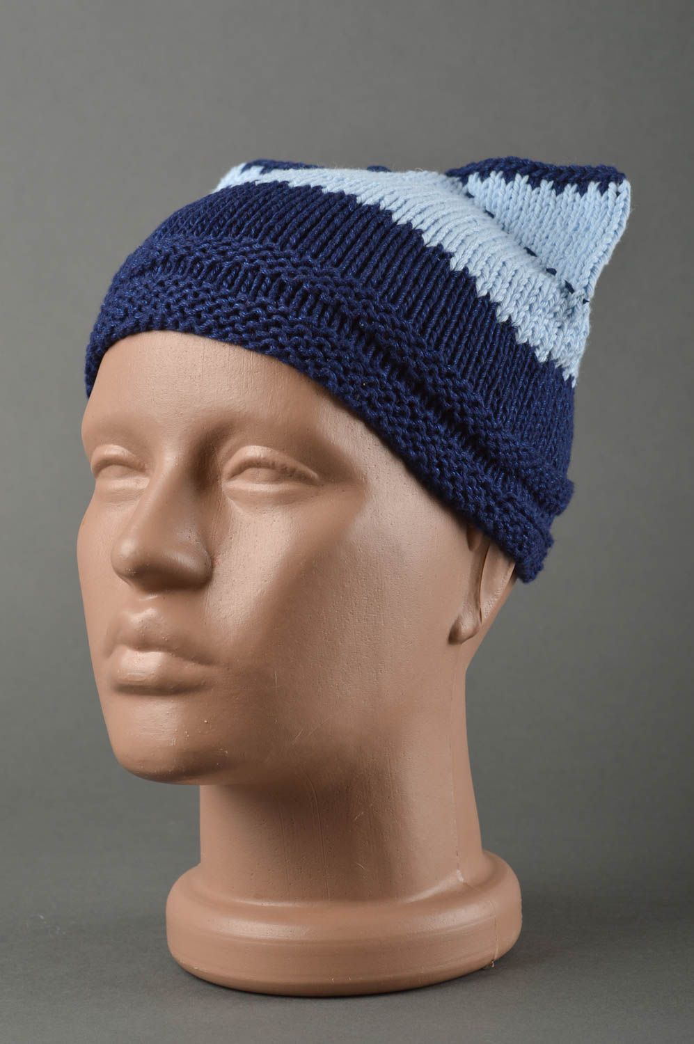 Вязаная шапка ручной работы шапка для мальчиков зимняя шапка синяя Кот фото 1