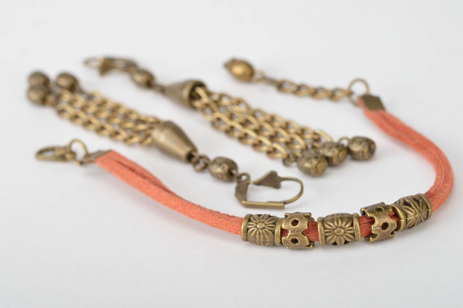 Set of handmade jewelry suede cord bracelet and metal dangle earrings Waterfall photo 5