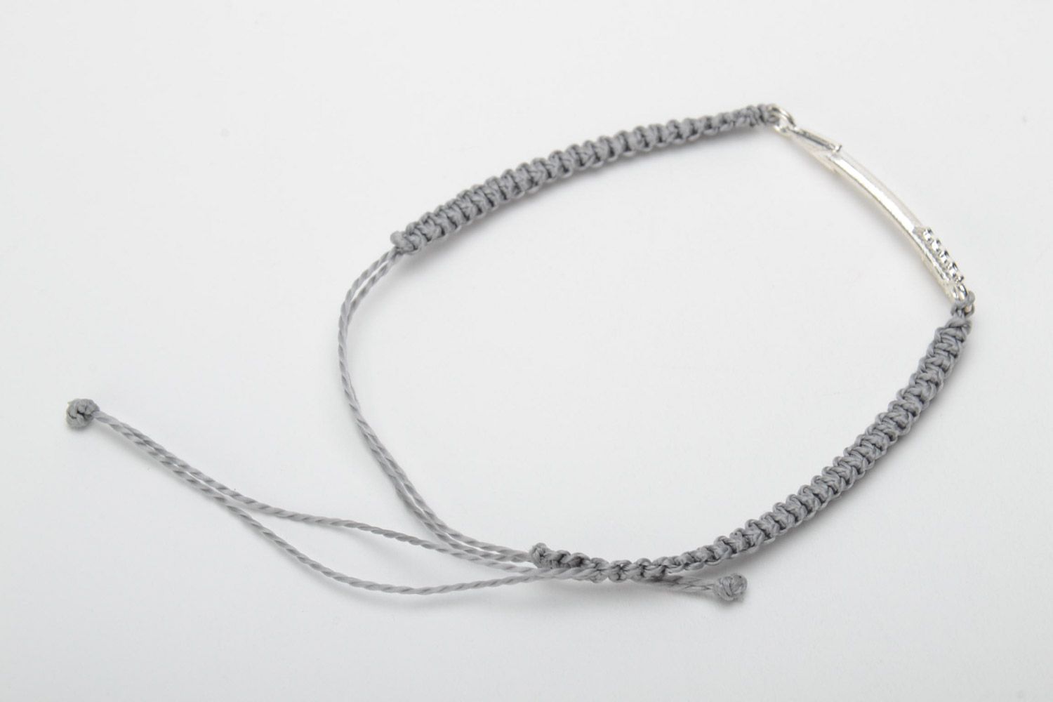 Unisex handmade macrame woven wrist bracelet of gray color  photo 4