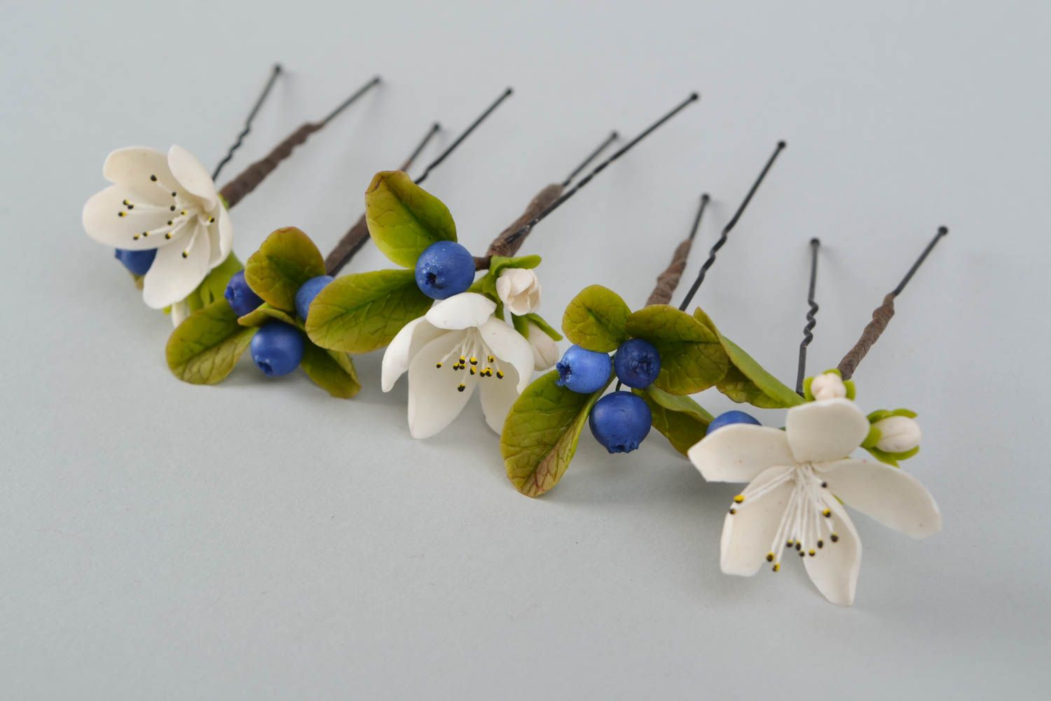 Hair clip and hair pins made of self-hardening Thai clay Apple Bloom and Blueberry photo 4
