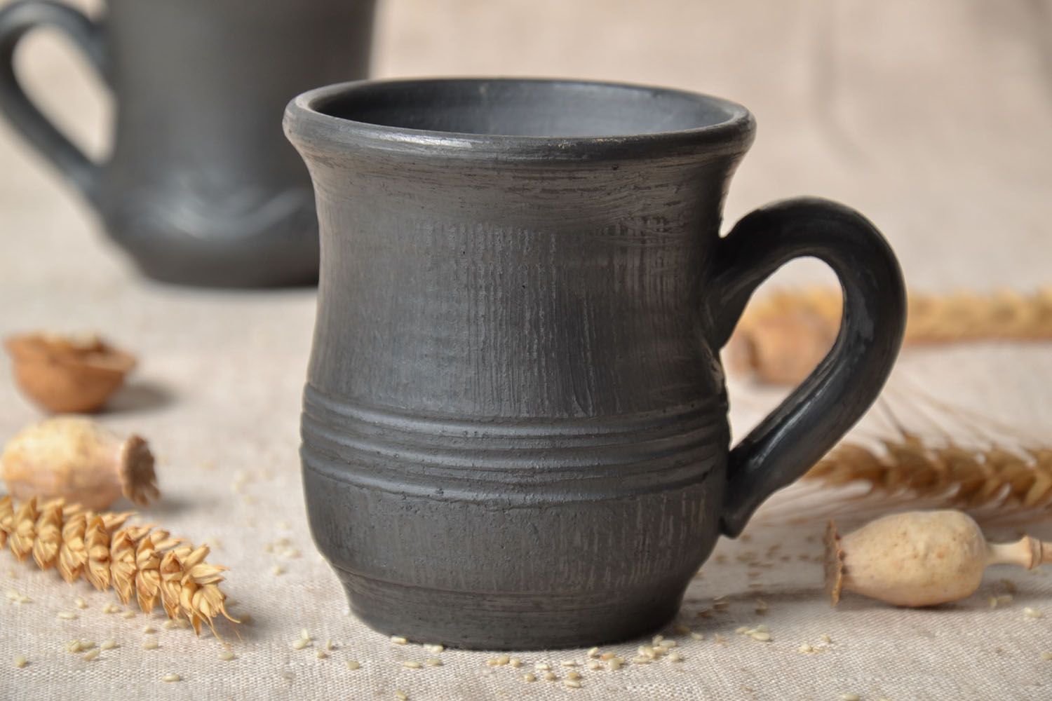 Large smoked black clay natural 8 oz cup with handle and no pattern photo 1