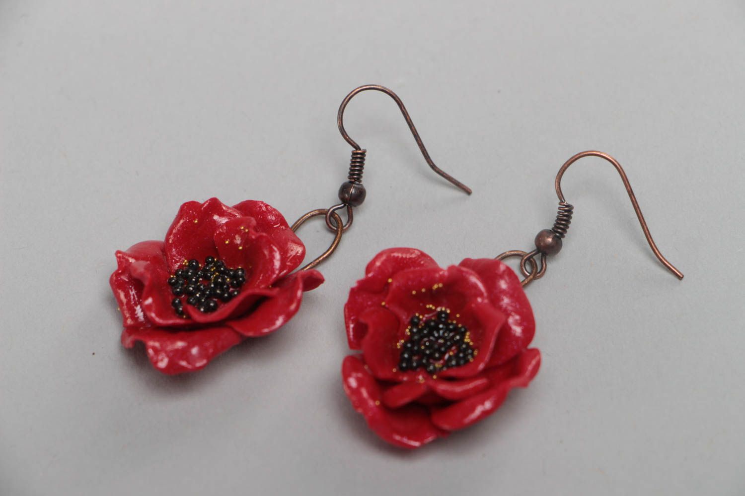Earrings made of polymer clay Poppies Flowers red beautiful handmade jewelry photo 2