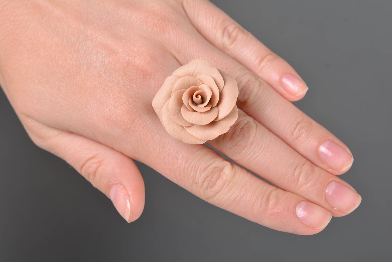 Handmade designer jewelry ring with volume large beige polymer clay flower  photo 3