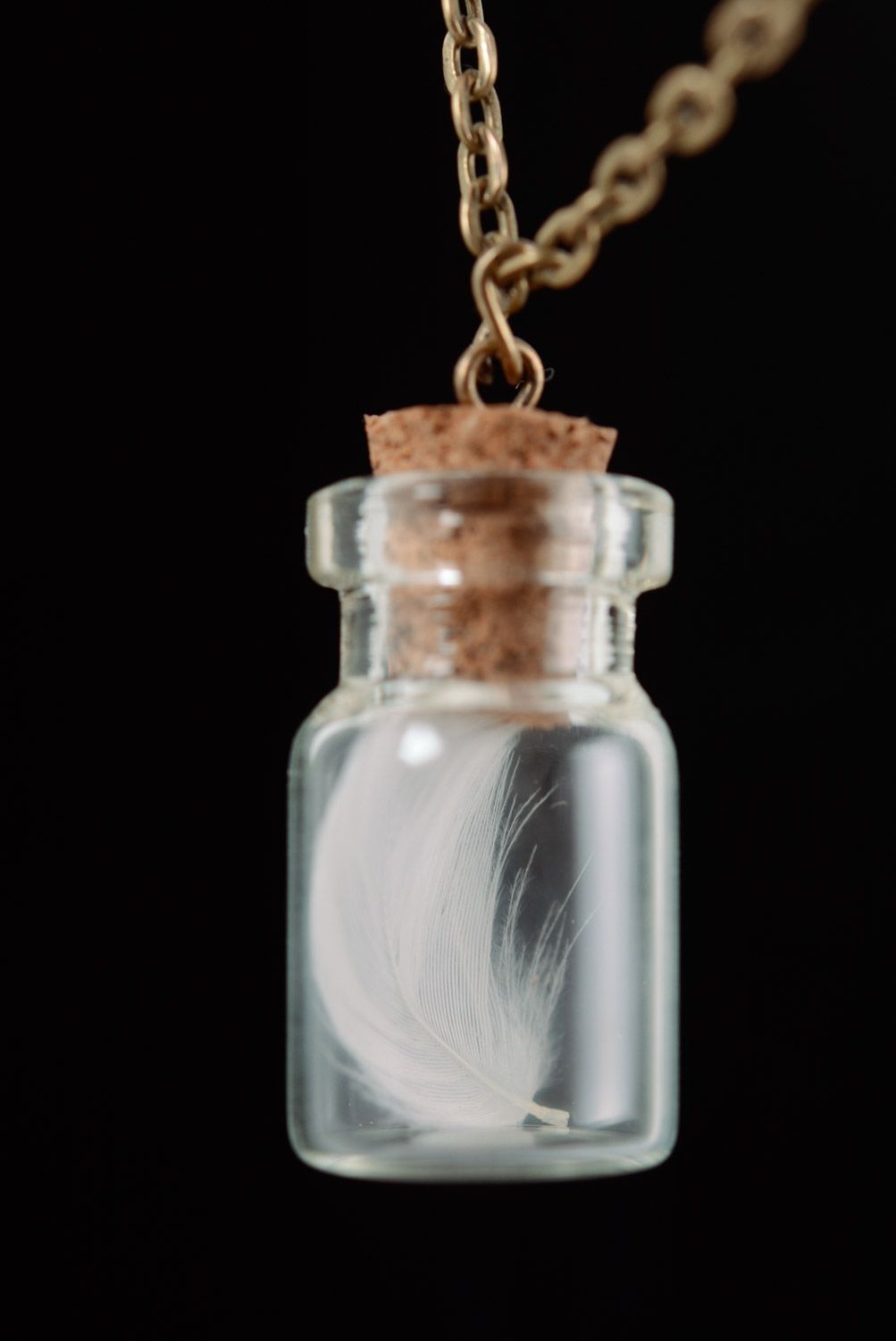 Handmade small glass vial with cork pendant necklace with feather on metal chain photo 2